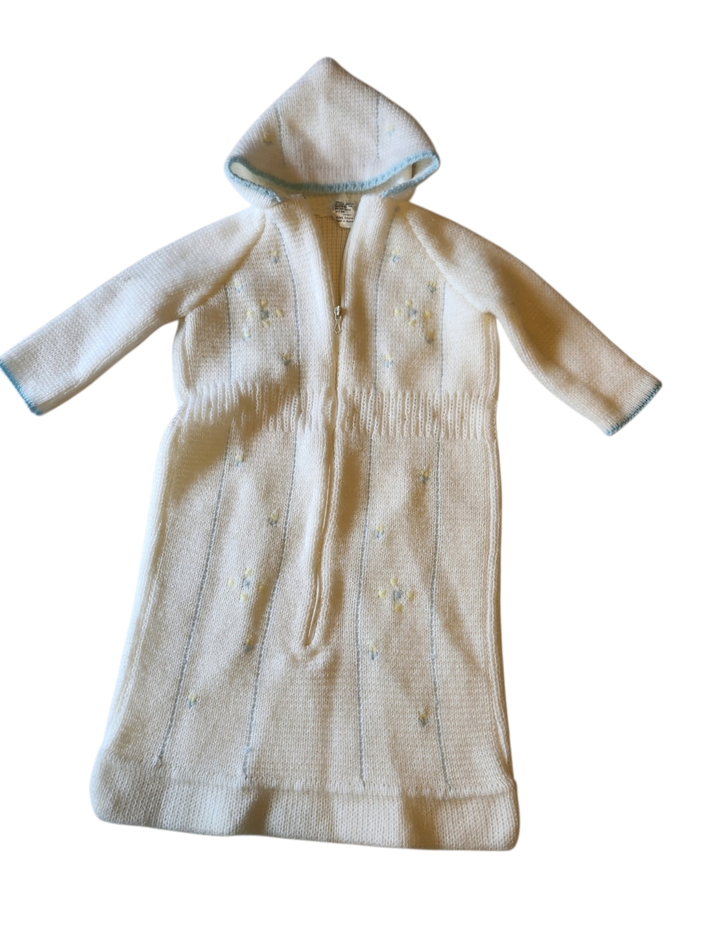 Vintage Knit Baby Sleep Sack 3-6 Months ? Hooded Zip Up White Blue Yellow Flower